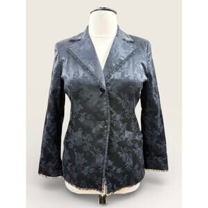 Doncaster Collection Black Damask Satin Jacket with Ruffle Trim, Size 12